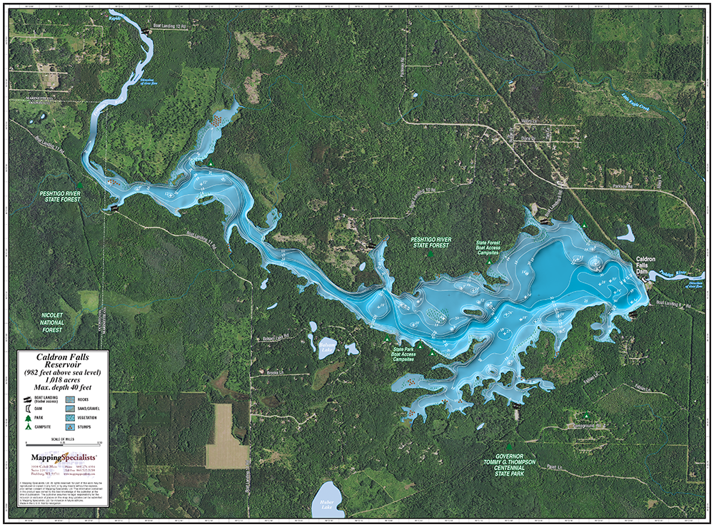 High Falls Flowage Map Caldron Falls Reservoir Enhanced Wall Map