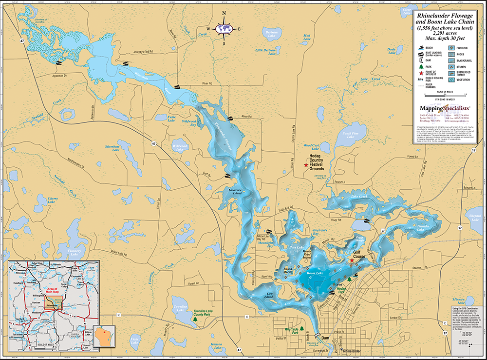 Rhinelander Flowage & Boom Lake Chain Wall Map