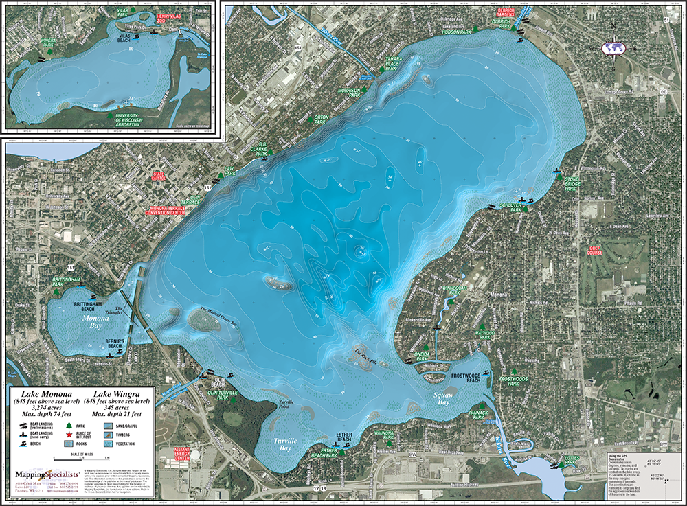Lake Monona & Lake Wingra Enhanced Wall Map
