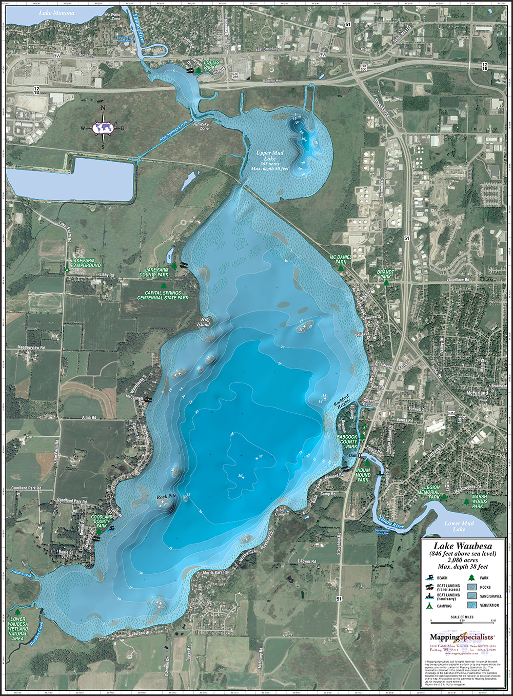 Lake Waubesa Fishing Map Lake Waubesa Enhanced Wall Map