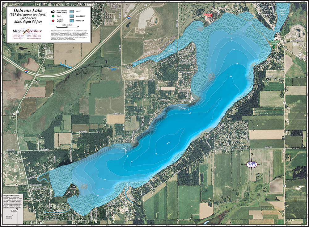 Delavan Lake Fishing Map Delavan Lake Enhanced Wall Map