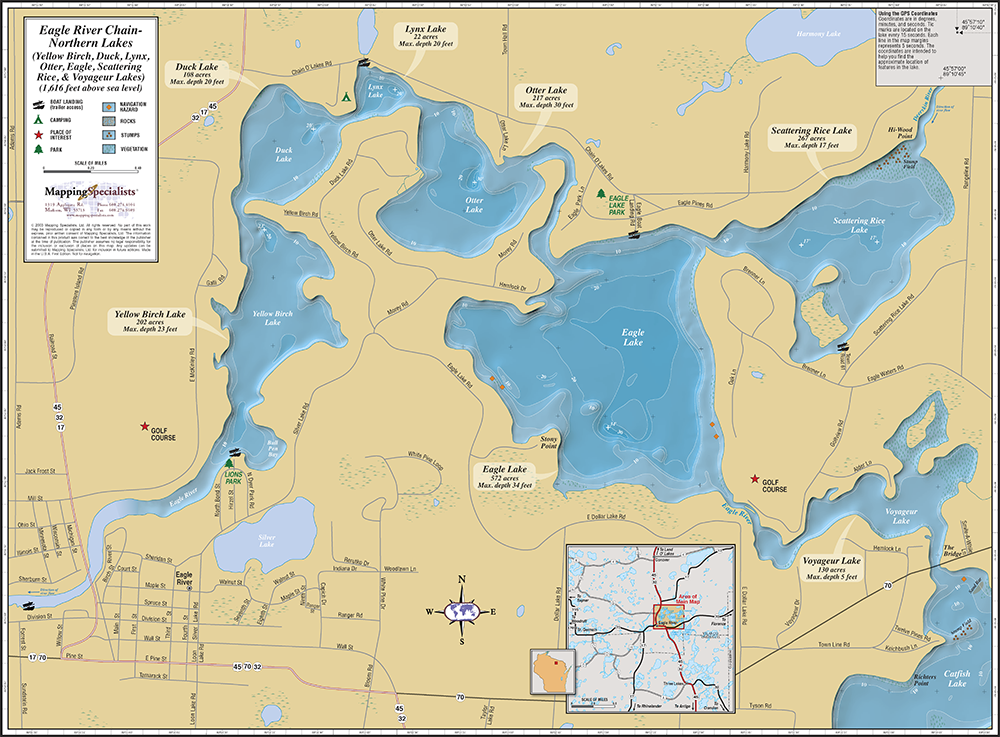 Vilas County Lake Maps Eagle River Chain (Northern Lakes) Wall Map