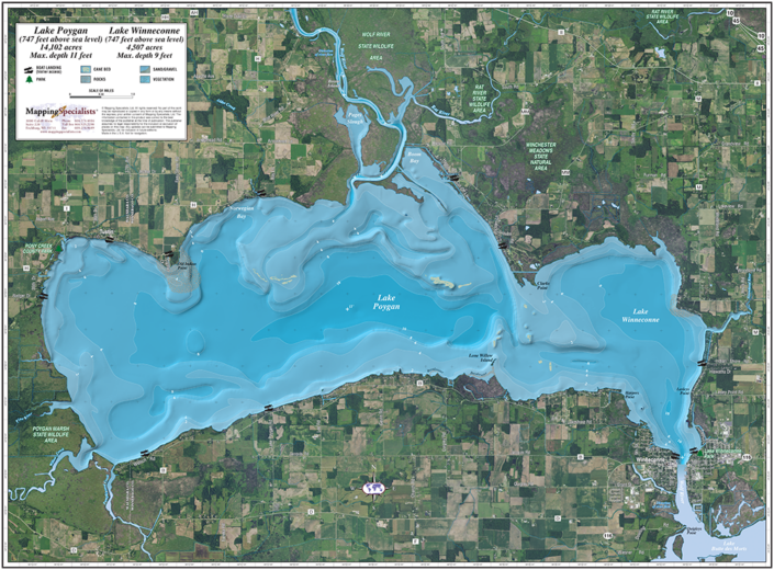 Lake Poygan & Lake Winneconne Enhanced Wall Map Mapping Specialists Limited