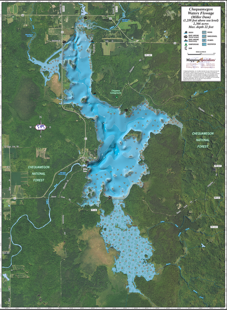 Chequamegon Waters Flowage (Miller Dam) Enhanced Wall Map Mapping