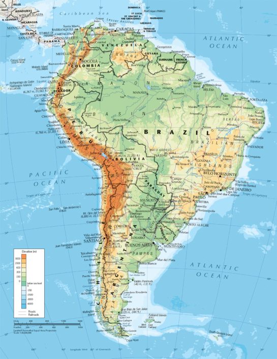 A physical and political map of South America