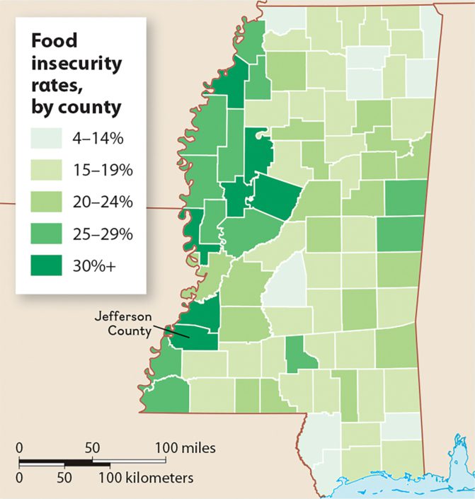 A map of food insecurity in Mississippi by county