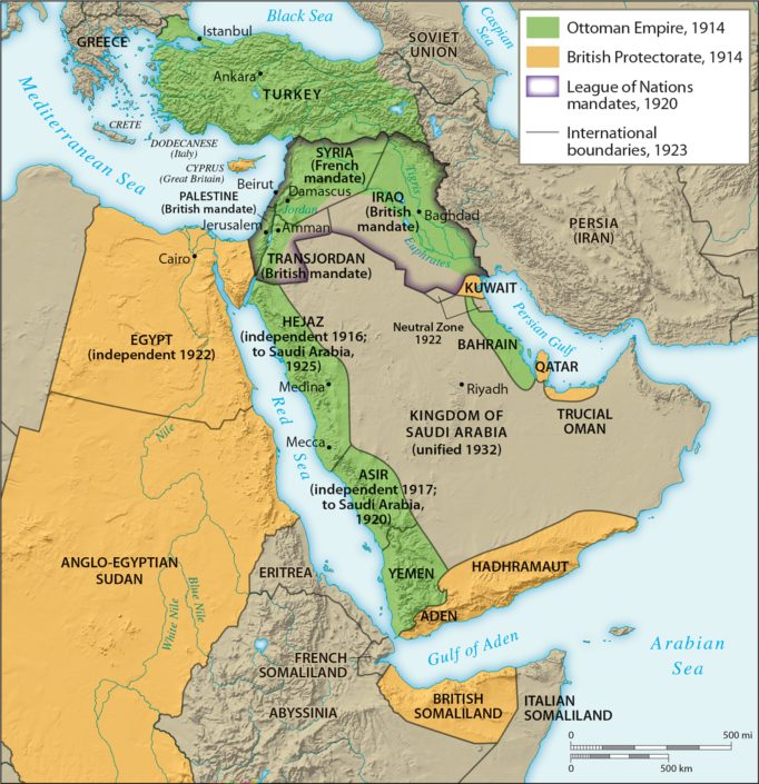 Educational map of Ottoman Empire and British Protectorate 1914-1923