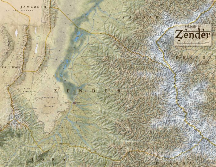 Fictional shaded relief map of Zender
