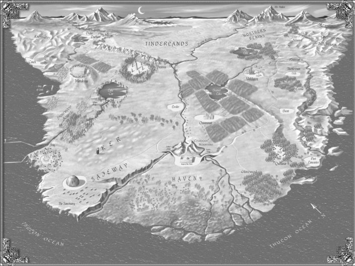 Fictional shaded relief and oblique perspective of Tinderlands