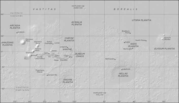 Shaded relief map of part of the surface of Mars