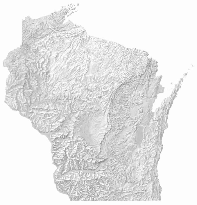 Hand-shaded relief map of Wisconsin