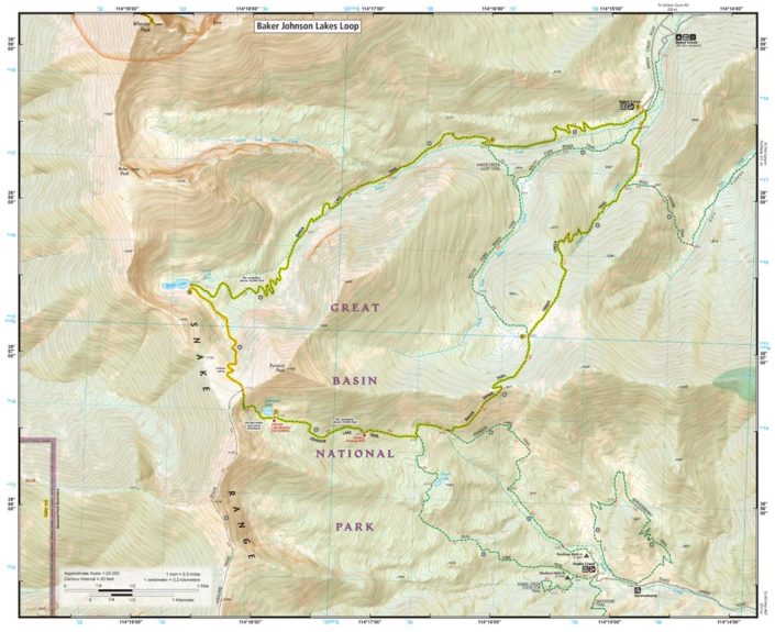 Detail of a topographic hiking trail map of Great Basin National Park