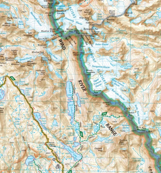 Detail of a topographic hiking trail map of Wind River, Wyoming