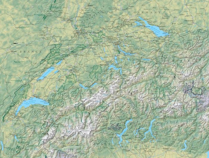 A map of Switzerland showing land cover, mountains, and transportation networks