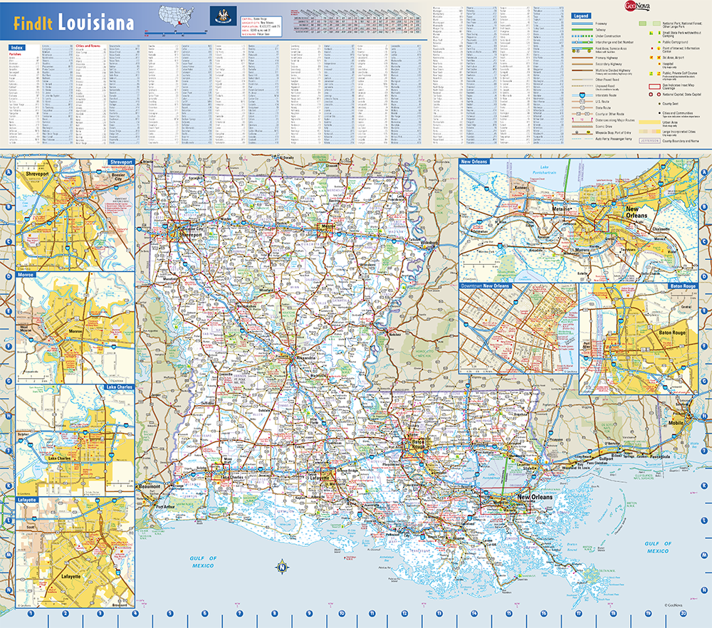 Louisiana State Wall Map Large Print Poster - 32Wx24H