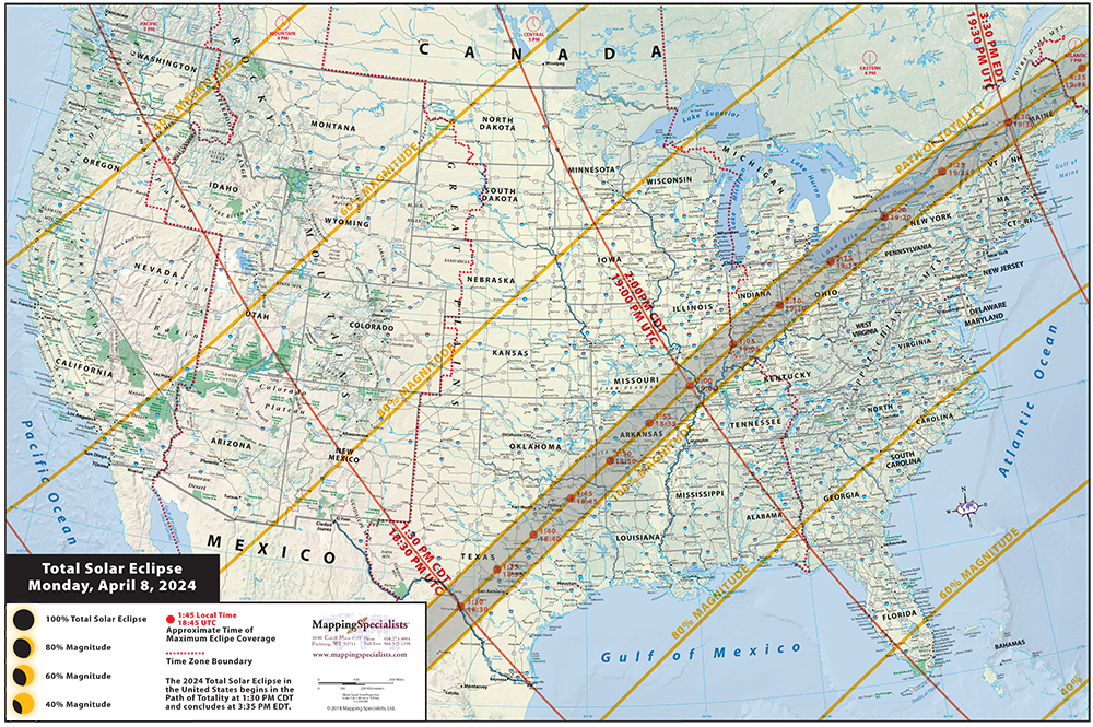 2024 Solar Eclipse Wall Map Of The U S Mapping Specialists Limited