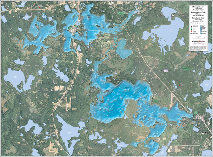 Minocqua, Tomahawk & Kawaguesaga Lakes Enhanced Wall Map Mapping