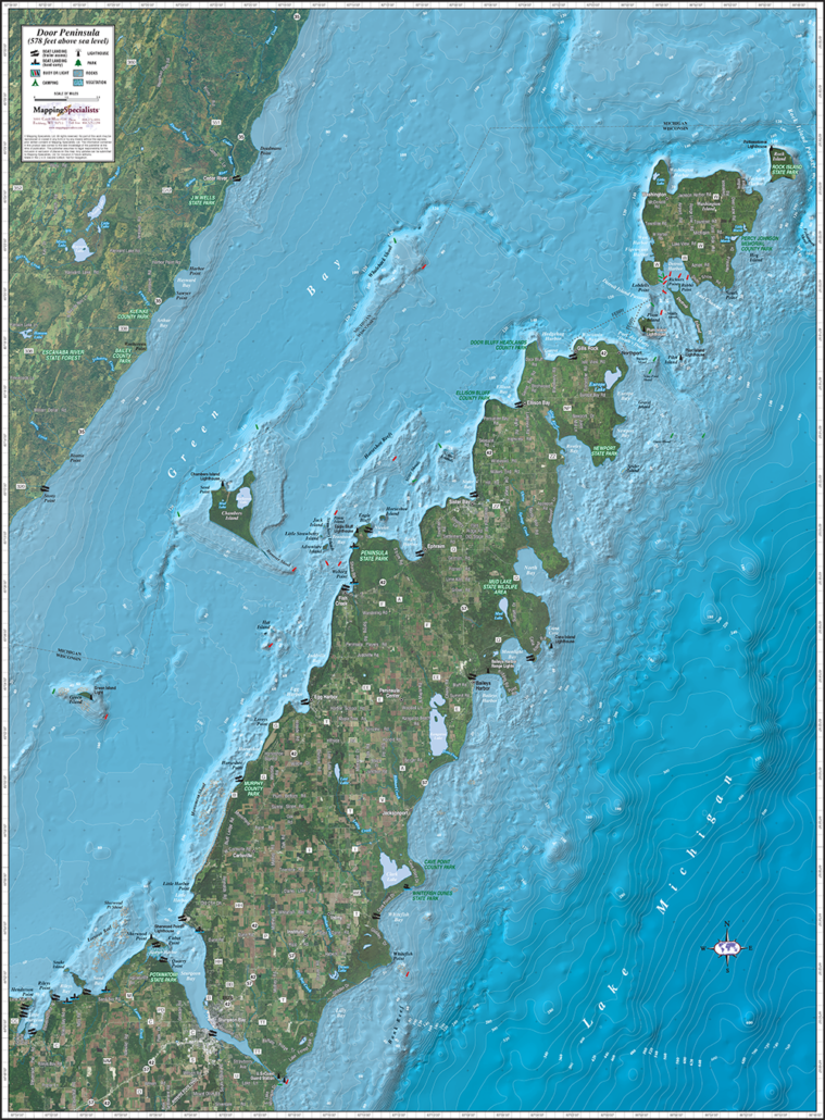 Door Peninsula Enhanced Wall Map Mapping Specialists Limited 104 Door Peninsula Imagery 150 CS Large 759x1030 