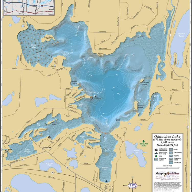 Okauchee Lake Enhanced Wall Map Mapping Specialists Limited