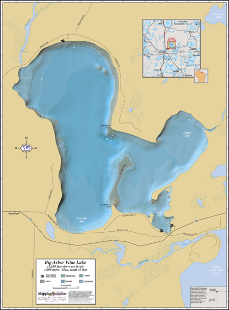 Big Arbor Vitae Lake Wall Map