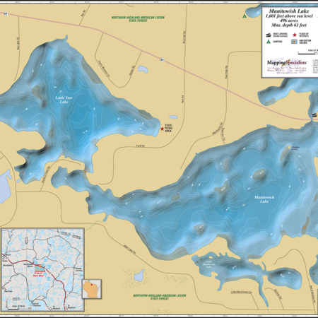 Manitowish & Little Star Lakes (Manitowish Chain) Wall Map