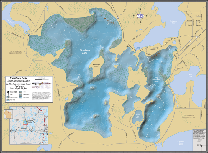 Flambeau & Long Interlaken Lakes Wall Map Mapping Specialists Limited