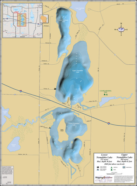 Upper & Lower Nemahbin Lakes Wall Map