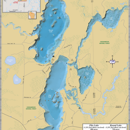 Pike and Round Lakes Wall Map