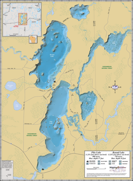 Pike and Round Lakes Wall Map