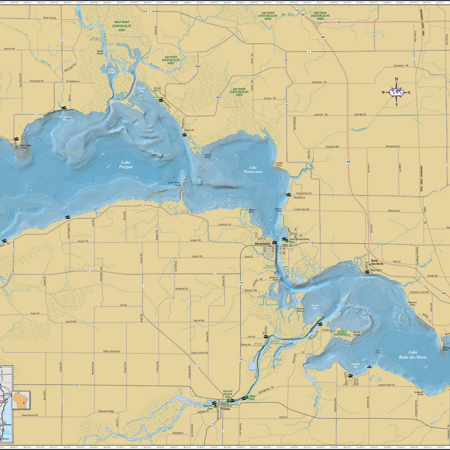 Lake Poygan & Lake Winneconne & Butte des Morts Lake Wall Map