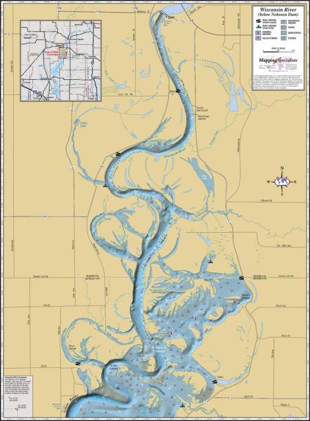 Wisconsin River below Nekoosa Dam Wall Map