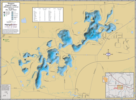 Waupaca Chain O' Lakes Wall Map