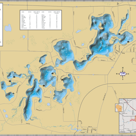 Waupaca Chain O' Lakes Wall Map